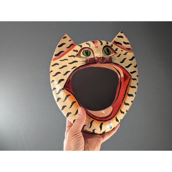 Vintage Cat Head Mirror Balinese Wooden Carved Hand Painted Tiger Striped Tabby - Picture 2 of 10